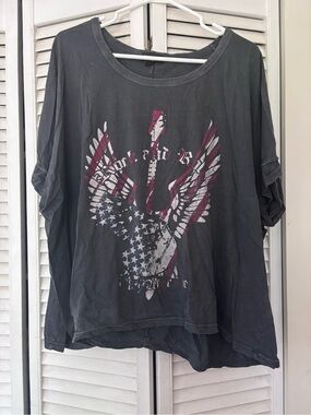 Topshop Charcoal Long Sleeve Tee with Red & White Eagle Graphic